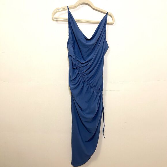 Abercrombie & Fitch Asymmetrical Cinched Midi Dress Medium Blue NWT - Stain - Picture 1 of 9